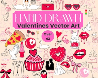 Valentines vector art set, SVG bundle, Hand Drawn Love Themed Illustrations, Wedding Vectors, Doodle PNG clipart
