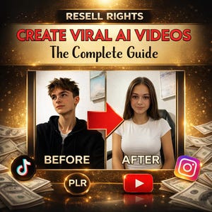 Op de afbeelding: Een promotionele afbeelding met de tekst "Resell Rights" en "Create Viral AI Videos: The Complete Guide". Het bevat een voor-en-na-afbeelding van een persoon, social media-iconen en geld.