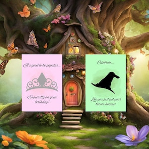 Glinda Crown, Witch Hat, Wicked Printable Birthday Cards for her. Digital downloadable birthday cards.