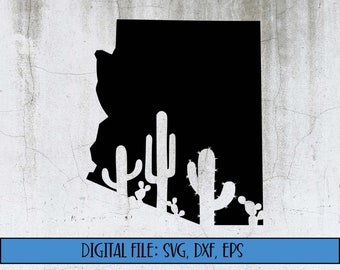 Digital File - Arizona State Silhouette with Cactus Cut File (svg, dxf, eps, png) -Arizona svg file -Arizona Cactus -Arizona Outline - Cacti