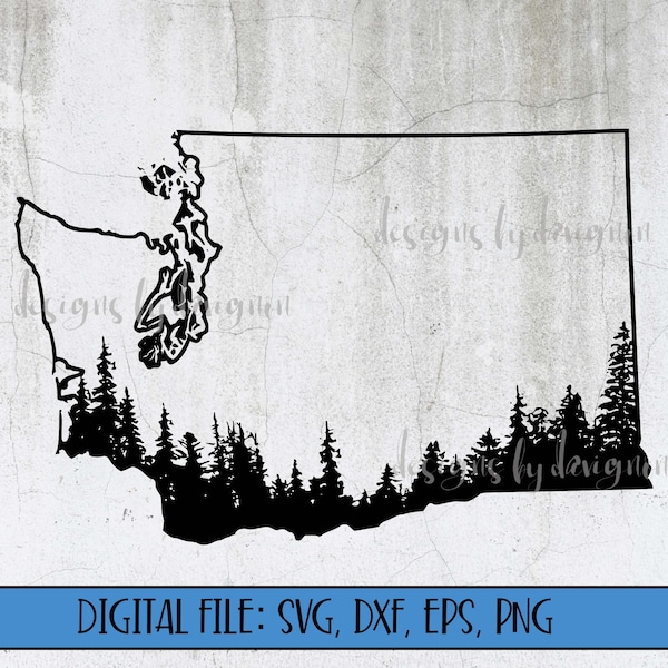 Digital File - Washington State Silhouette with Tree Line - Cut File (svg, dxf, eps, png) - Washington State SVG -Washington Evergreen State