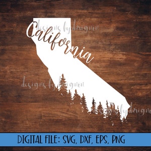 Archivo digital - Silueta del estado de California con línea de árboles - Archivo de corte (svg, dxf, eps, png) -Archivo de calcomanía de California -Archivo svg de California