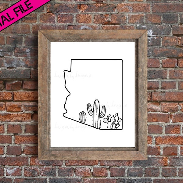 Digital File - Arizona State Silhouette with Cactus Printable (JPEG & PNG) - Arizona Printable - Arizona Cactus Printable - Arizona Wall Art