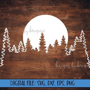 Digital File - Full Moon with Trees Outline - Cut File (svg, dxf, eps, png) - Full Moon clipart - Moon svg - Tree svg - Full Moon svg