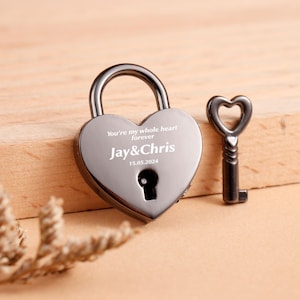 Custom Padlock Brass Couples Gift Idea,Mini Heart Lock, Engraved Small Love Padlock, Custom Lock Gift, Wedding Gift,Silver Padlock with Key