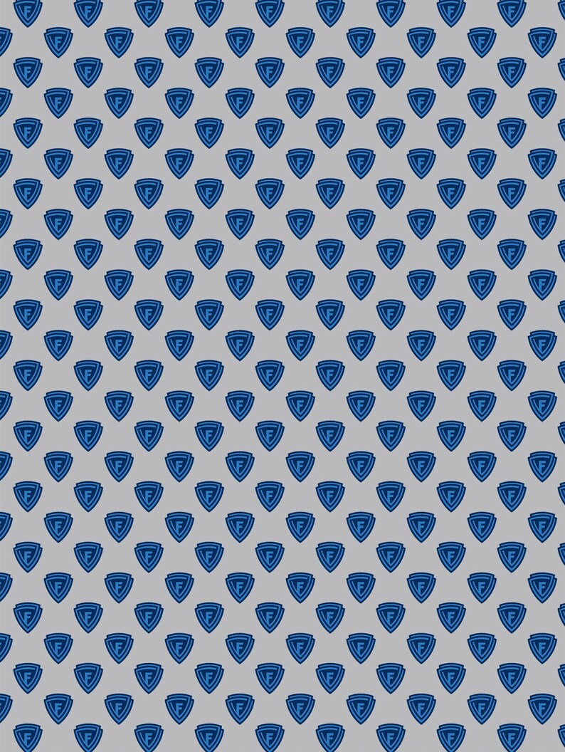 May include: A repeating pattern of blue and white shield-shaped icons with the letter "F" inside each shield. The background is light gray.