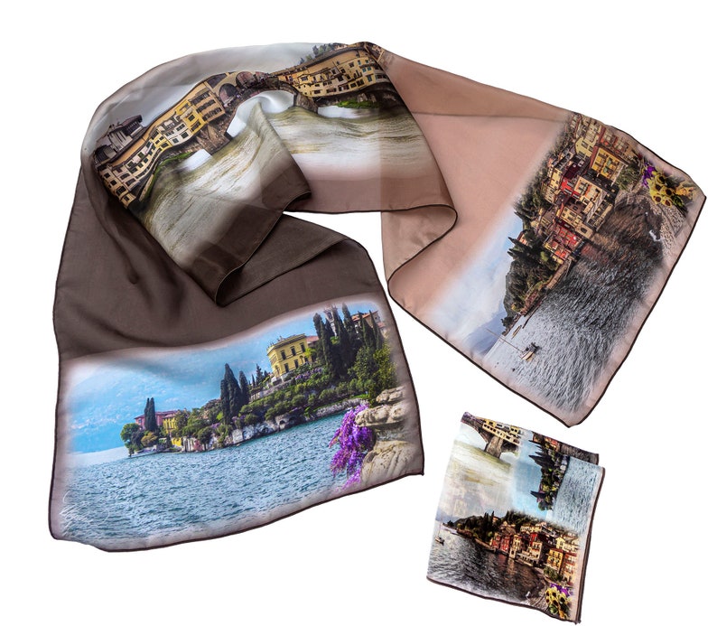 Anniversary scarf with photos of Italy. Charming and romantic, this 3 photos scarf will please the traveler. The background color is an ombre blend from light brown to dark brown.