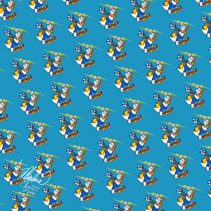 May include: A repeating pattern of a cartoon duck wearing a blue shirt and yellow shoes, holding a lightning bolt and riding a skateboard on a blue background.