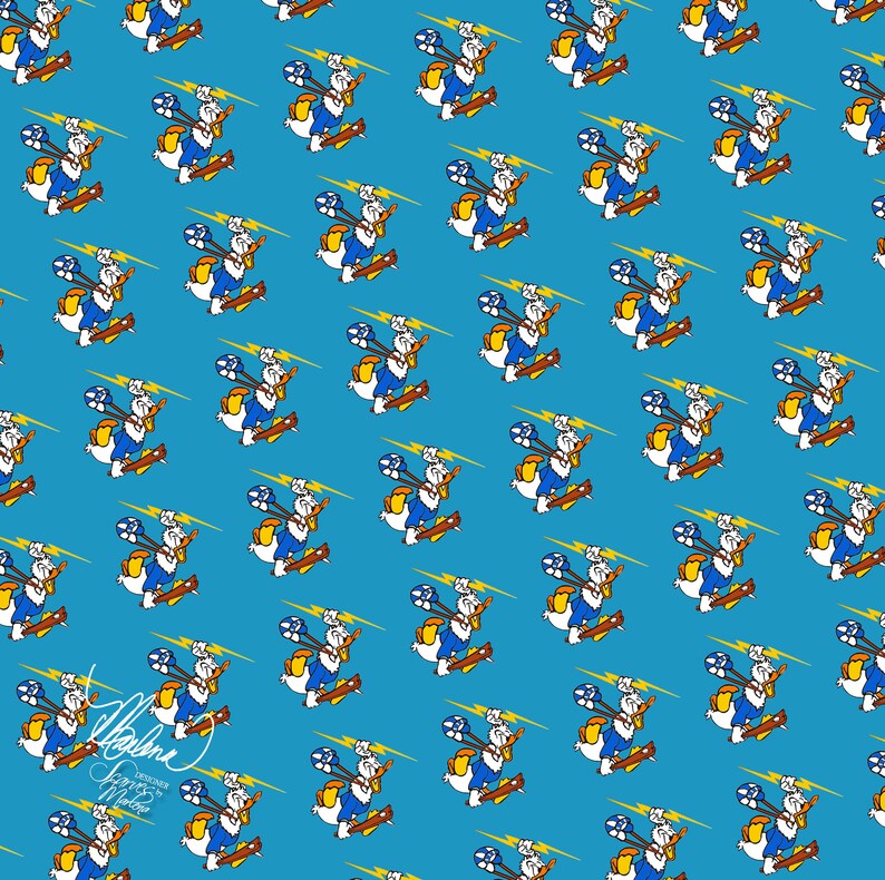 May include: A repeating pattern of a cartoon duck wearing a blue shirt and yellow shoes, holding a lightning bolt and riding a skateboard on a blue background.