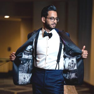 Bespoke Photo Collage Prom or Wedding Tuxedo Lining Grooms Gift/ Men's Full Liner Ultra Satin Fabric Linings Men's Dress Clothing/Size 38-52