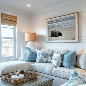 Sunny Ocean Beach with Driftwood Log, Coastal Digital Image, Beach Print Download