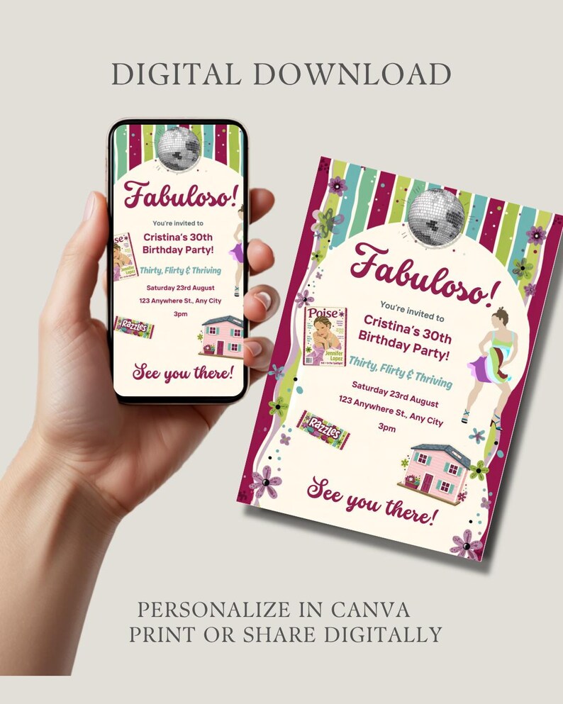 May include: A digital download invitation for a 30th birthday party. The design features the word "Fabuloso!" in a script font, a disco ball, and the text "Cristina's 30th Birthday Party!" The invitation is available to personalize in Canva.