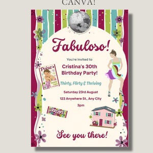 May include: A birthday party invitation with a colorful design. The invitation features the word "Fabuloso!" and details for Cristina's 30th birthday party. The design includes a disco ball, a magazine, candy, and a house illustration.