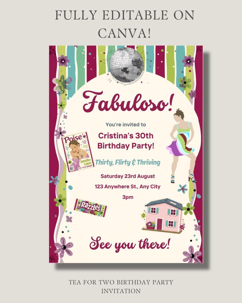 May include: A birthday party invitation with a colorful design. The invitation features the word "Fabuloso!" and details for Cristina's 30th birthday party. The design includes a disco ball, a magazine, candy, and a house illustration.