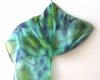 This Tie-Dye Scarf in Blue Green and Aqua is Chiffon Silk, It's Sea Green Tie-Dye Silk, Women Gift, Blue Green Silk, Aqua Hand Painted Silk