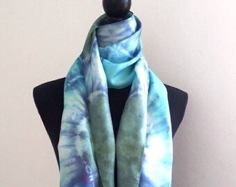 This Tie-Dye Silk Scarf is in Green and Blue Aqua, It's a Hand made One of Kind Gift, Wearable Art, Blue Green and Aqua Neck/Hair Silk Scarf