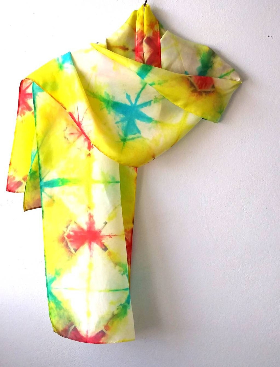 yellow-red-and-turquoise-tie-dye-silk-scarf-yellow-tie-dye-etsy-de