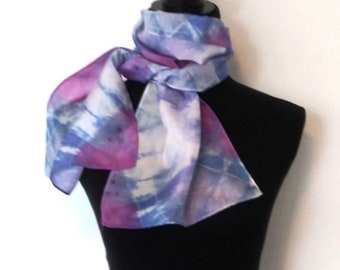 Tie-Dye Silk Chiffon Scarf in Purple Lavender and Navy, Lavender Purple Silk Scarf, Gift for Her, Tie-dye Silk, Chiffon silk, Wearable Art