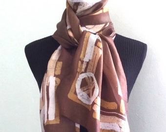Batik Chocolate Brown Silk Scarf, Beige brown shawl, Brown batik scarf, Hand batik, Habotai silk, Women Gift, Beige scarf, Wearable Art
