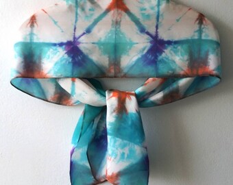 This Silk Scarf is Tie-dyed in Aqua, Orange and Violet, Complementry Colors Hand-Painted Habotai Silk Scarf, an Aqua Green Silk Scarf