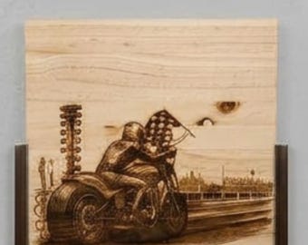 Drag Racer Wood Sign | Vintage Motorcycle Drag Racing Decor | Checkered Flag Wall Art | Rider Gift | Engraved Wood Sign