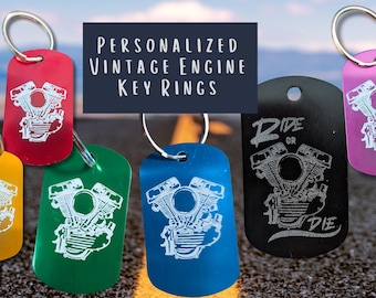 Personalized Vintage Engine Key Ring — Panhead, Shovelhead, or Knucklehead — Choose Your Color — Laser Engraved Anodized Aluminum
