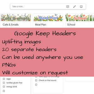 以下が含まれることがあります： Google Keep 用のフローラルテーマのヘッダーを備えたデジタルプランナーインターフェース。画像には、製品に関するテキスト（「高揚感のある画像」や「20 個の個別のヘッダー」など）が記載されたピンク色の付箋が含まれています。