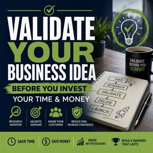 Puede incluir: Un diseño gráfico con el texto VALIDATE YOUR BUSINESS IDEA BEFORE YOU INVEST YOUR TIME & MONEY. Incluye iconos de investigación, demanda, cliente y riesgo, junto a un bloc de notas con un diagrama de flujo y una taza con el texto VALIDATE BEFORE YOU COMMIT.