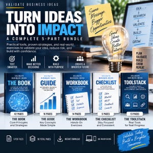 Op de afbeelding: Een digitaal businesspakket genaamd Validate Business Ideas, bestaande uit vijf blauw-witte gidsen: The Book, The Guide, The Workbook, The Checklist en The Toolstack. De afbeelding bevat een gloeilampafbeelding en tekst over het omzetten van ideeën.