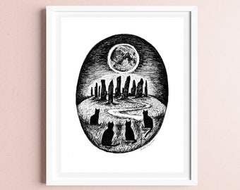 Full Moon Ritual | Stone Circle &  Black Cats Art Print