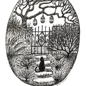 Black Cat Art Print | Garden Cat Print | Gothic Gate | Gothic Art Print| Cat Wall Art Decor | Witchy Wall Decor | Witchy Art Print