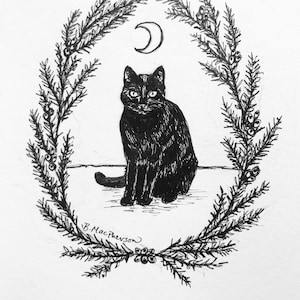 Black Cat and Moon 5x7 Art Print