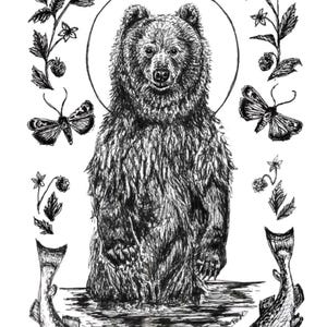 May include: Black and white illustration of a bear standing upright, surrounded by a circle, fish, butterflies, and foliage. The bear has a detailed fur texture. The artwork is a nature-themed design.