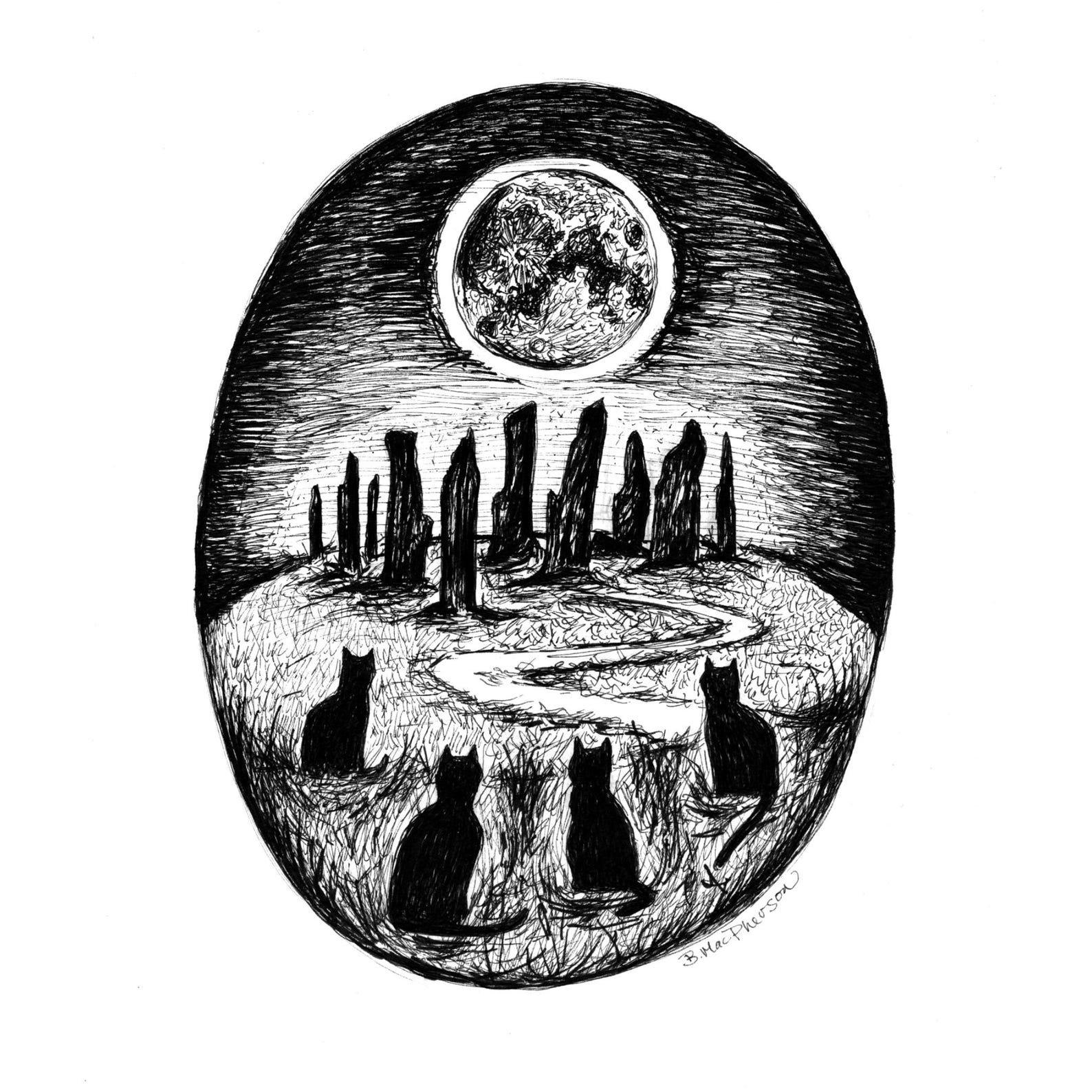 Full Moon Ritual | Stone Circle & Black Cats Art Print - Etsy