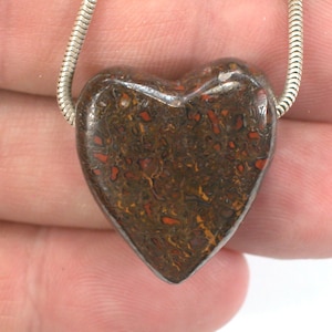 May include: A heart-shaped pendant made of fossilized stone with a brown and red marbled pattern. The pendant is attached to a silver chain.