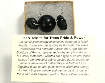 DVH Genuine Jet & Tektite Bead 24&quot; Necklace Trans Pride Power Mourning Jewelry (4912)
