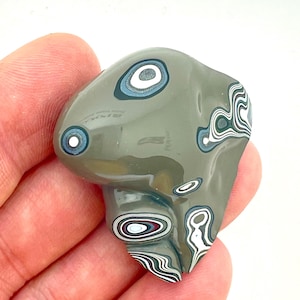 以下が含まれることがあります： 白、青、黒の色合いで、同心円と渦巻く線がユニークな模様の、研磨された灰色の石。 石は滑らかで光沢のある表面と有機的で不規則な形状をしています。 石は手で持たれています。