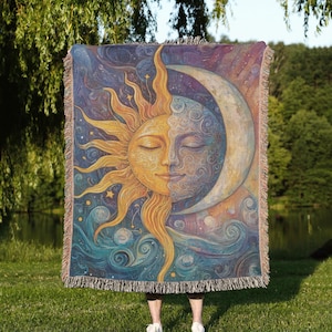Sun and Moon Boho Woven Blanket - Celestial Throw, Vintage Astrology Tapestry, Cozy Bohemian Home Decor, Spiritual Gift