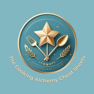 May include: A gold star with a fork and spoon on a blue circle with the text "The Cooking Alchemy Cheat Sheets" and "Cooking Alchemy" in a banner below the star.
