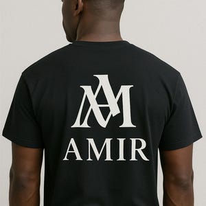 AMIR White T-Shirt Mens Luxury Streetwear Tee with Front & Back Monogram Logo Bold Graphic Fashion Shirt