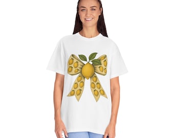 Maglietta grafica con fiocco al limone, top con giardino natalizio di agrumi