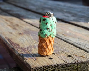 Ice Cream - Clay Lighter Covers - Cute BIC Sleeve - Ice Cream - Handmade Smoker Accessories- Cute Gifts- Customs- Chocolate Chip - Mint