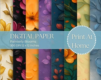Floral Digital Paper Pack, Oil Paint Flower Scrapbook Paper, 12x12 Seamless Patterns, Printable Backgrounds, JPG Download