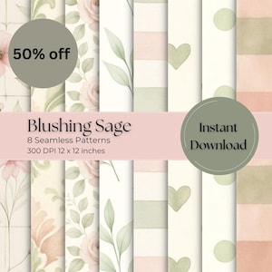 Blush Sage Wedding Digital Paper | Seamless Floral Patterns | Scrapbook & Invitation Backgrounds | Printable JPEGs