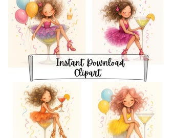 Whimsical Girl Clipart, Watercolor Fantasy Girls PNG, Quirky Clip Art, Transparent Background, Junk Journal & Card Making, Instant Download