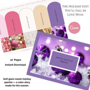 May include: A festive design with colour swatches labelled "Candy Cane Rose" and "Winter Amethyst." The image includes text that reads "The Holiday Edit You'll Fall in Love With." and "Soft glam meets holiday sparkle - a color story made for the season."