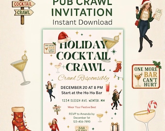Op de afbeelding: Een uitnodiging voor een Holiday Cocktail Crawl, met feestelijke illustraties van cocktails, kerstmutsen en feestverlichting. De uitnodiging bevat de tekst "Holiday Cocktail + Crawl" en evenementdetails.