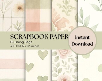 Pakiet papieru cyfrowego Blush Sage Floral, elegancki papier do scrapbookingu, bezszwowe wzory 12x12, tła do druku, pobieranie plików JPG