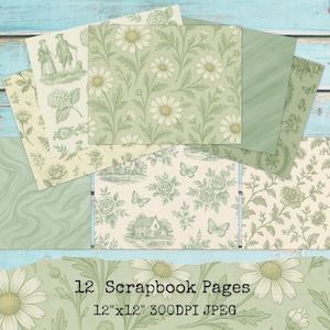 Puede incluir: Una colección de 12 páginas de álbum de recortes con varios diseños. Las páginas presentan patrones florales, incluyendo margaritas y rosas, y escenas pastorales en tonos verdes y crema. Cada página mide 30,48 cm x 30,48 cm y tiene 300 DPI.