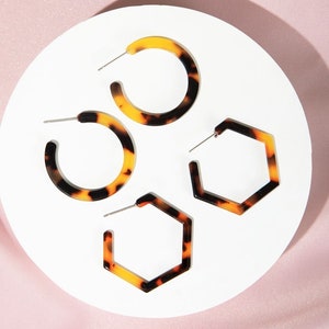 Dark Tortoise Shell Hexagon Hoop Earrings - Hoops